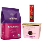 Зерновой кофе, конфеты и финиковый батончик